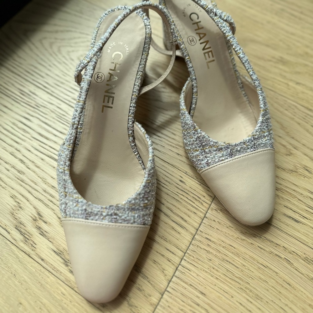 Chanel Nude Beige Tweed Slingback 36.5 6.5